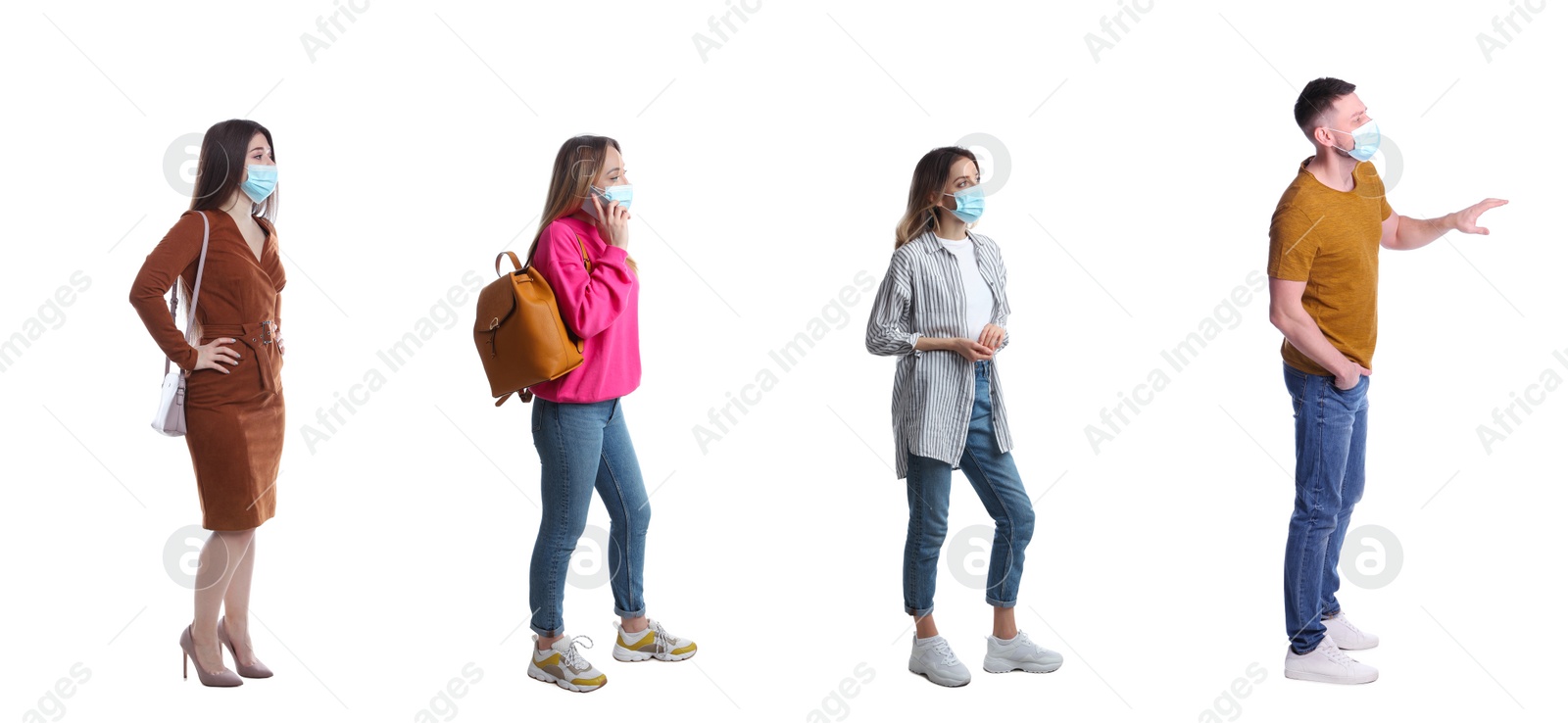 Image of People with protective masks waiting in queue on white background, banner design. Social distancing during Covid-19 pandemic
