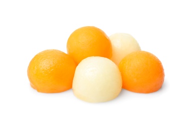 Many different melon balls on white background