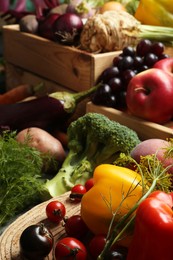 Photo of Different fresh vegetables and fruits on table, closeup. Farmer harvesting