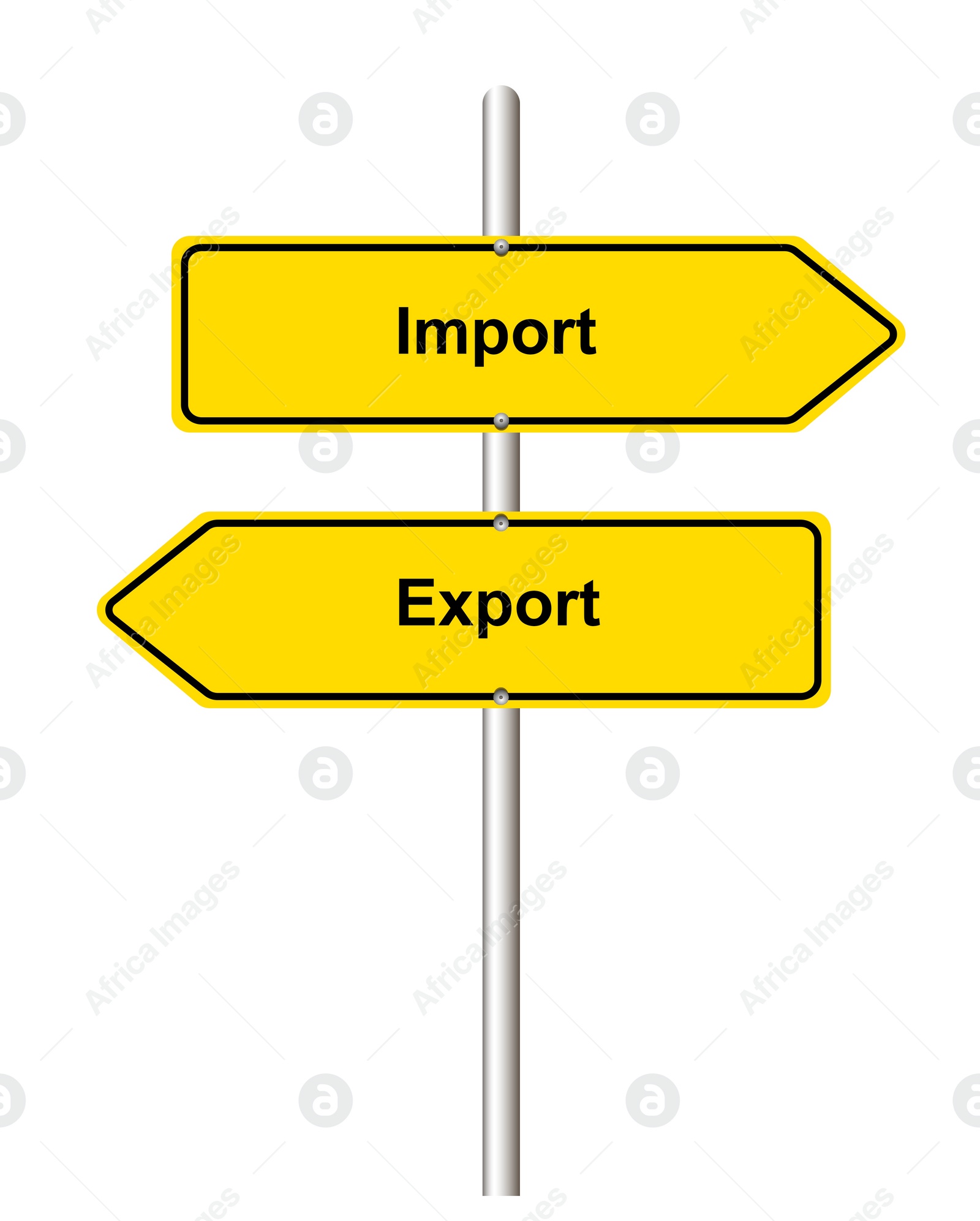 Illustration of Import Export arrow shaped yellow road sign on white background