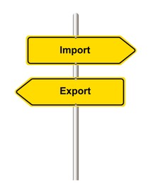 Import Export arrow shaped yellow road sign on white background