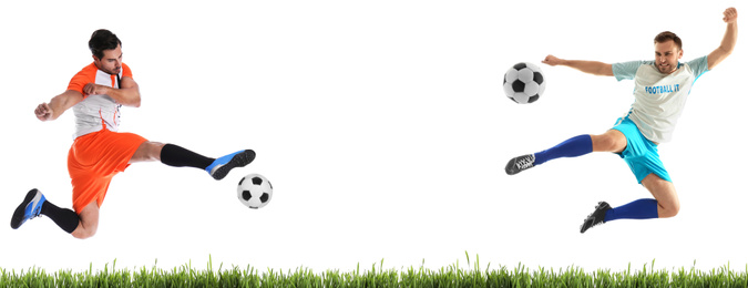 Image of Young men playing football on white background. Banner design