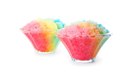 Rainbow shaving ice in glass dessert bowls isolated on white