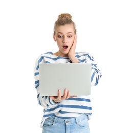 Photo of Portrait of emotional young woman with laptop isolated on white