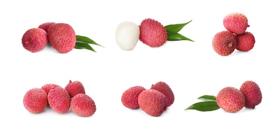 Set of delicious fresh lychees on white background. Banner design 