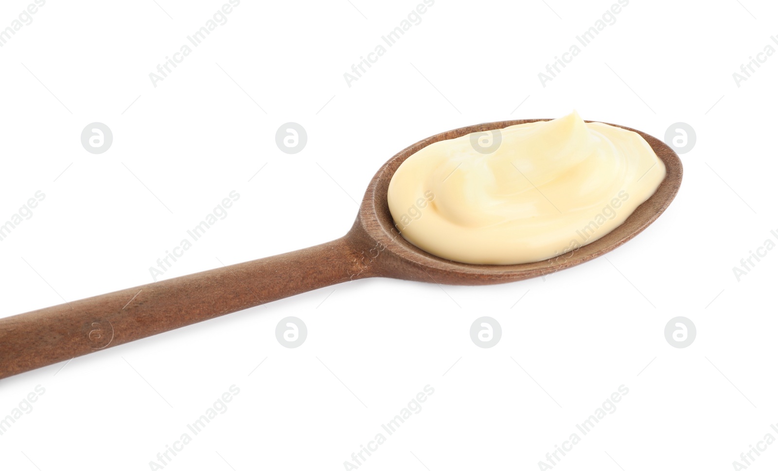 Photo of Wooden spoon with tasty mayonnaise isolated on white