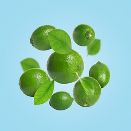 Image of Fresh lime fruits and green leaves falling on light blue background