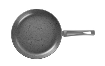 Photo of New frying pan isolated on white, top view. Cooking utensil