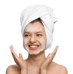 Photo of Young woman washing face with cleansing foam on white background. Skin care cosmetic