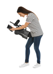 Operator with professional video camera on white background