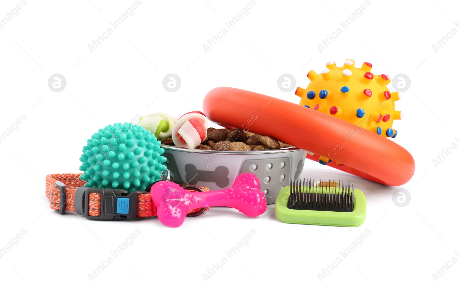 Photo of Dry pet food, toys and other goods isolated on white. Shop items
