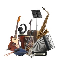 Image of Group of different musical instruments on white background