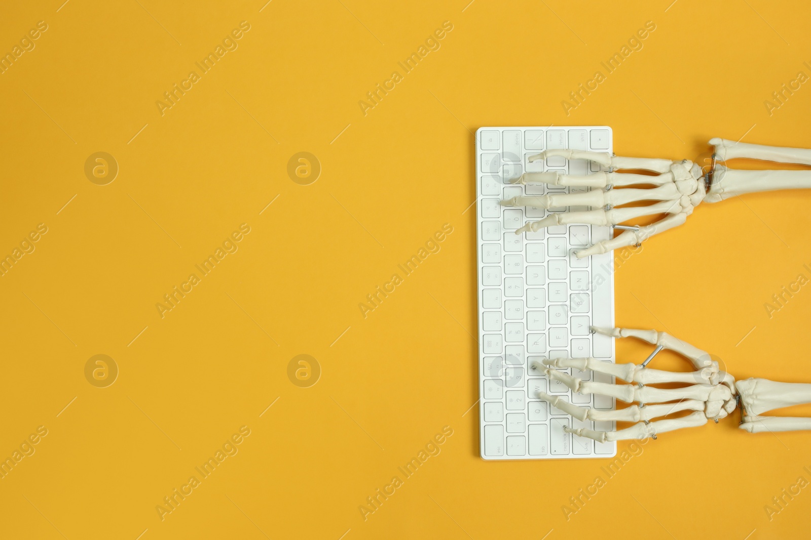 Photo of Human skeleton using computer keyboard on yellow background, top view. Space for text