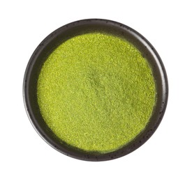 Photo of Wheat grass powder in bowl isolated on white, top view