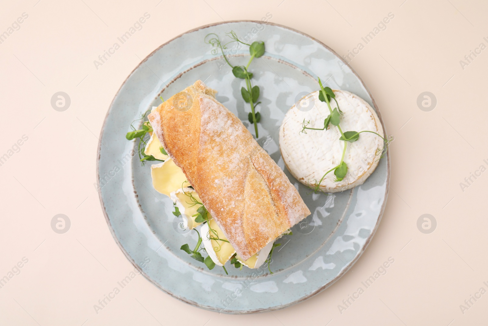 Photo of Tasty sandwich with brie cheese on beige background, top view