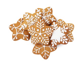 Tasty star shaped Christmas cookies with icing isolated on white, top view