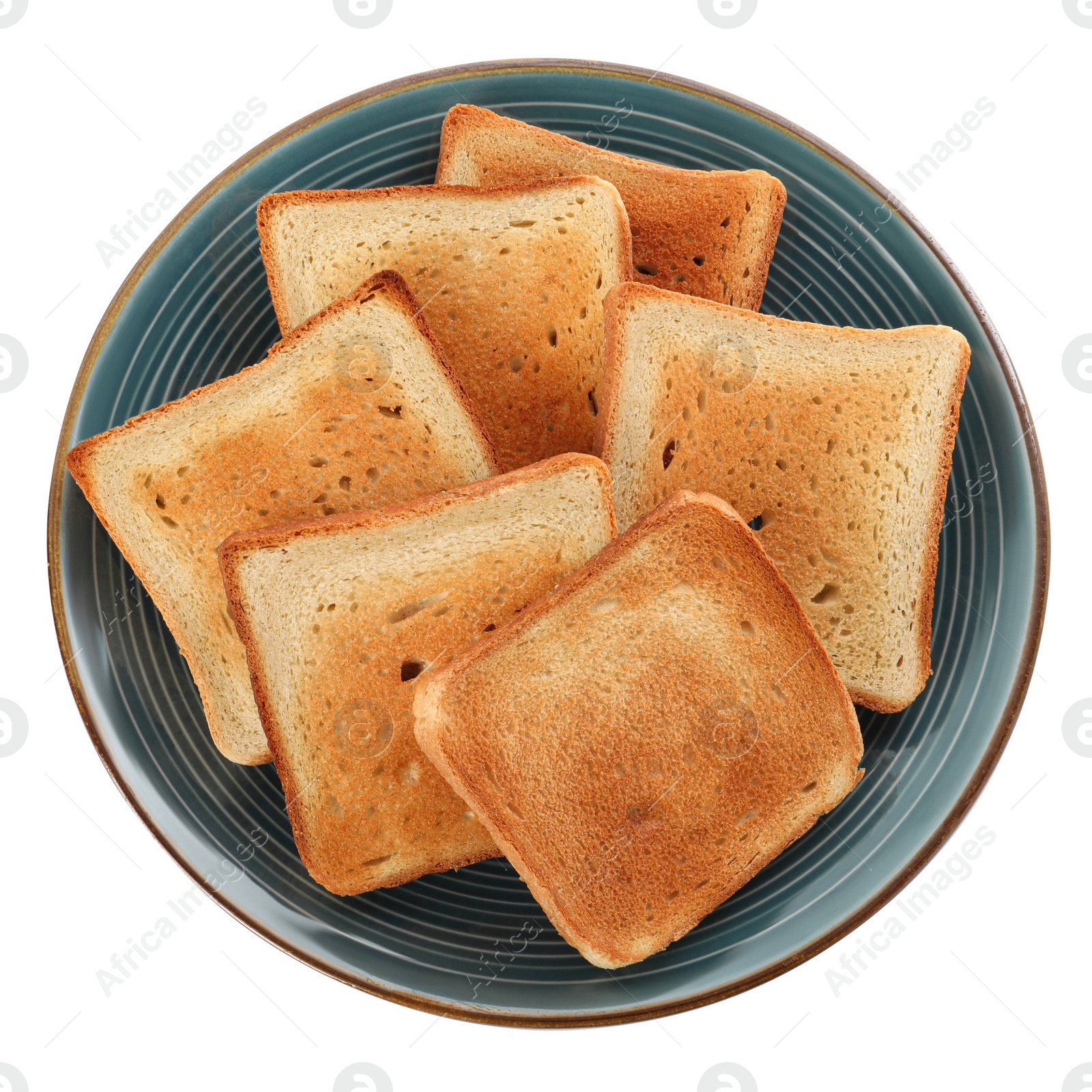 Photo of Plate with slices of delicious toasted bread on white background, top view