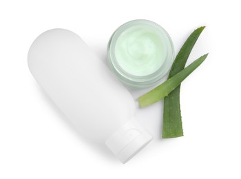 Photo of Body cream and cosmetic product with aloe on white background, top view