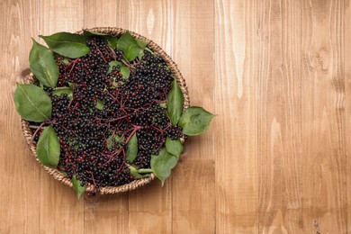 Photo of Elderberries (Sambucus) with leaves in bowl on wooden table, top view. Space for text