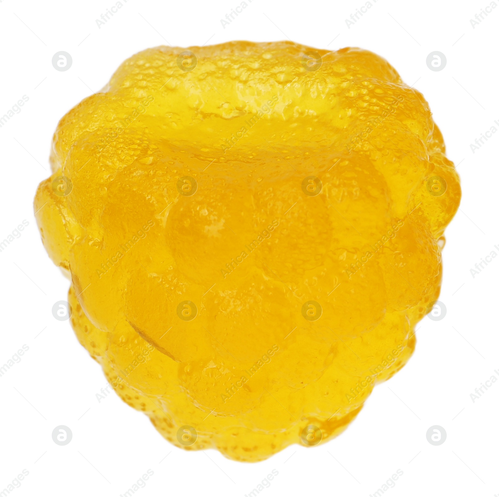 Photo of Delicious gummy yellow raspberry candy isolated on white