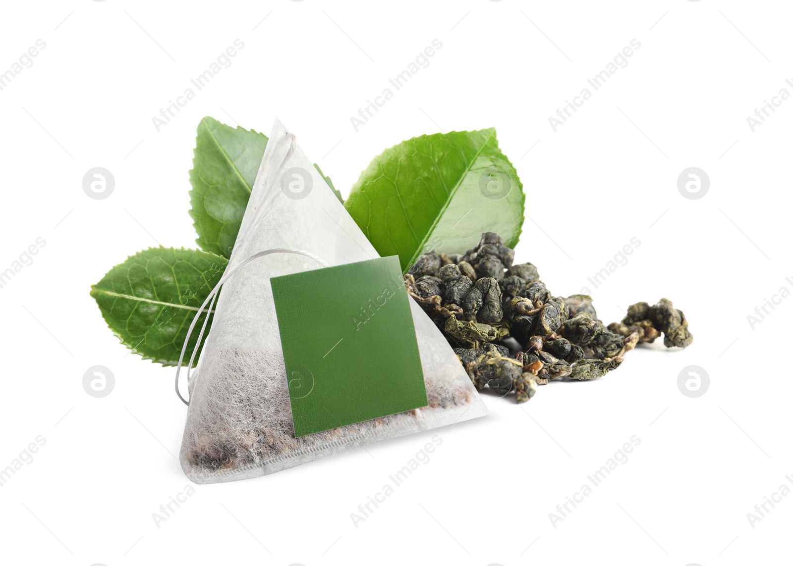 Image of Tea bag with leaves on white background