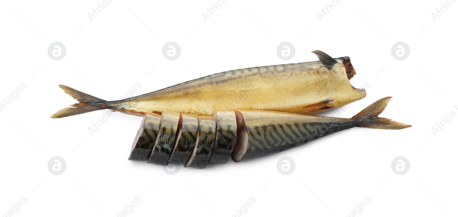 Photo of Delicious smoked mackerel fish on white background