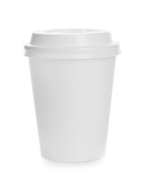 Takeaway paper coffee cup with lid on white background. Space for design