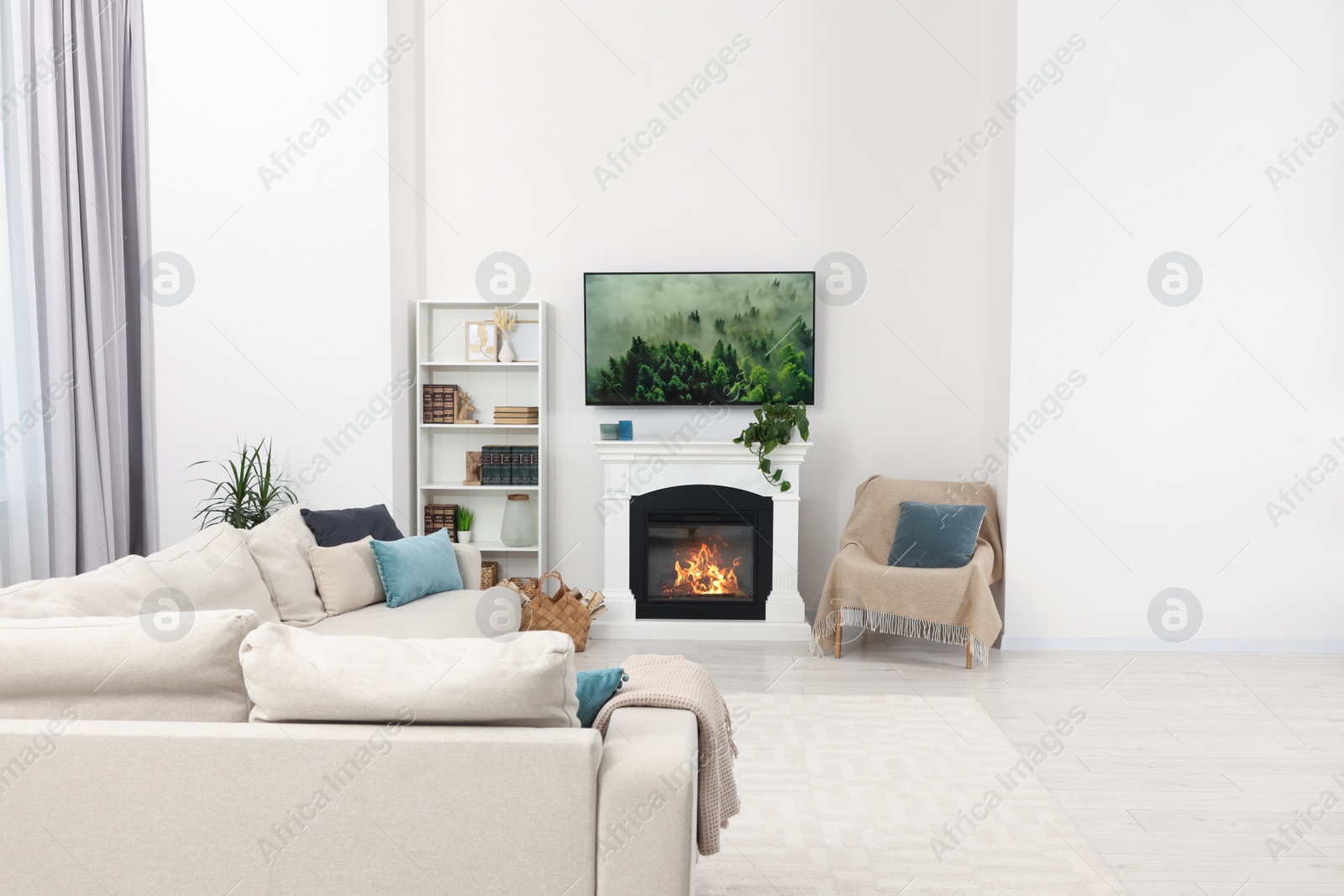 Photo of Stylish living room interior with cozy sofa, TV set and fireplace