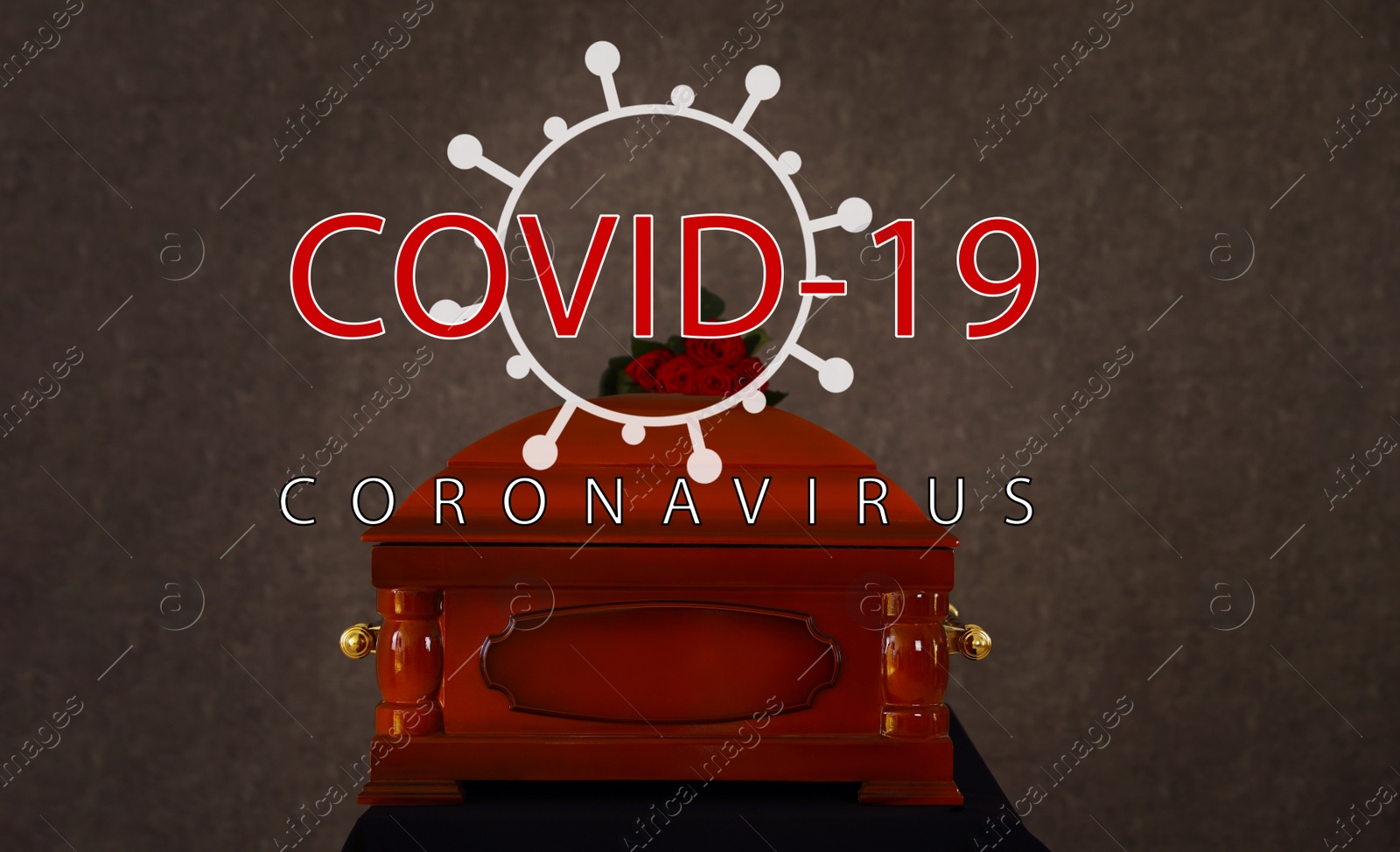 Image of Coronavirus deaths. Funeral casket with roses at grey wall