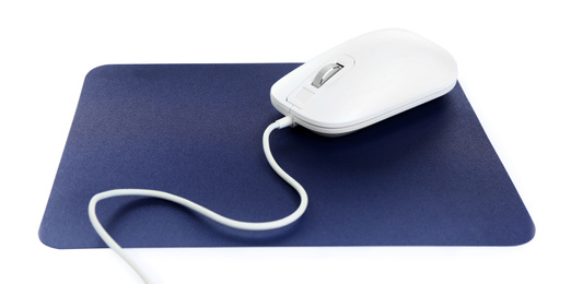 Photo of Modern wired optical mouse and blue pad isolated on white