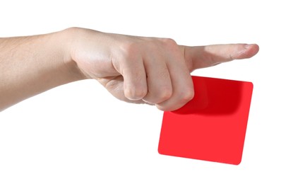 Referee holding red card and pointing on white background, closeup
