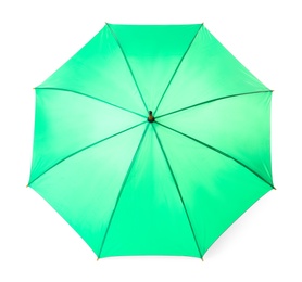 Photo of Modern opened green umbrella isolated on white