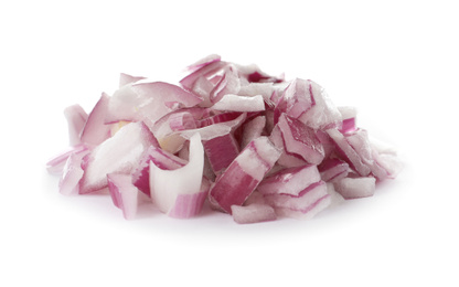 Photo of Pile of chopped red onion isolated on white