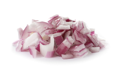 Pile of chopped red onion isolated on white