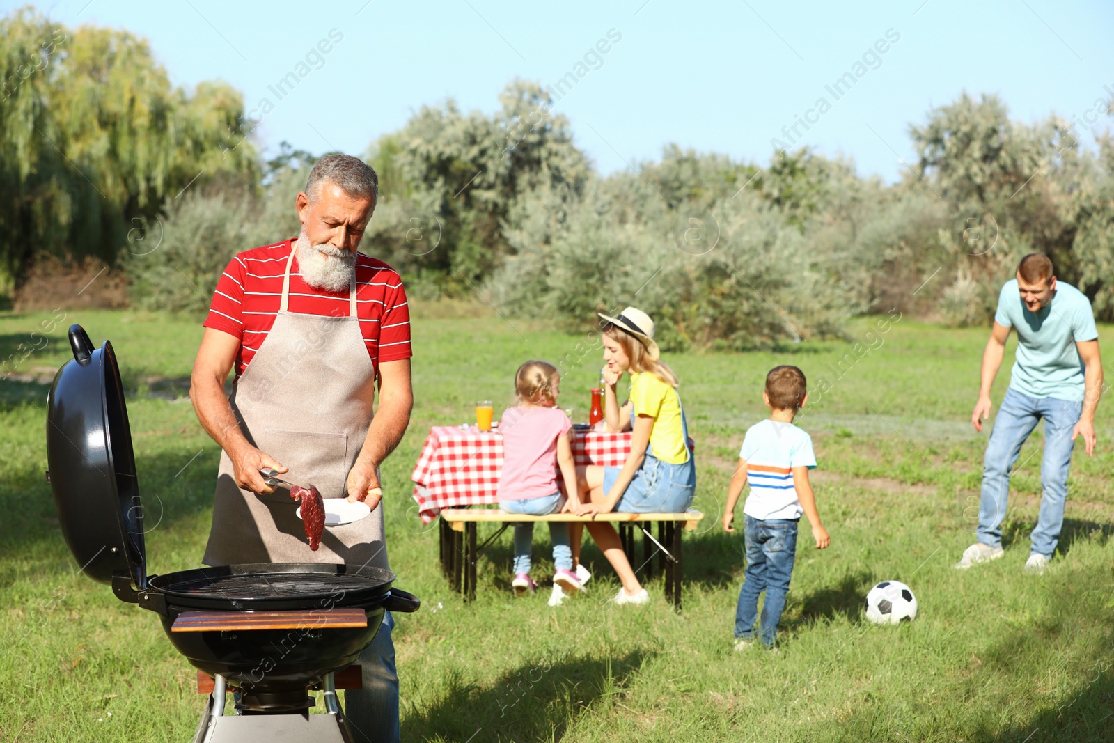 Photo of Happy senior man with meat at barbecue grill and his family having picnic in park