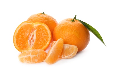 Photo of Fresh ripe tangerines on white background. Citrus fruit