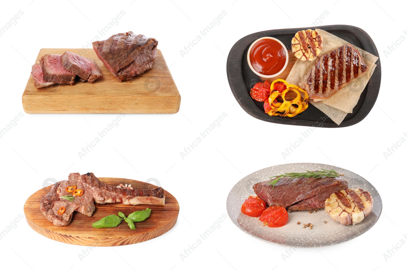 Image of Delicious fried beef meat, vegetables and spices isolated on white, set