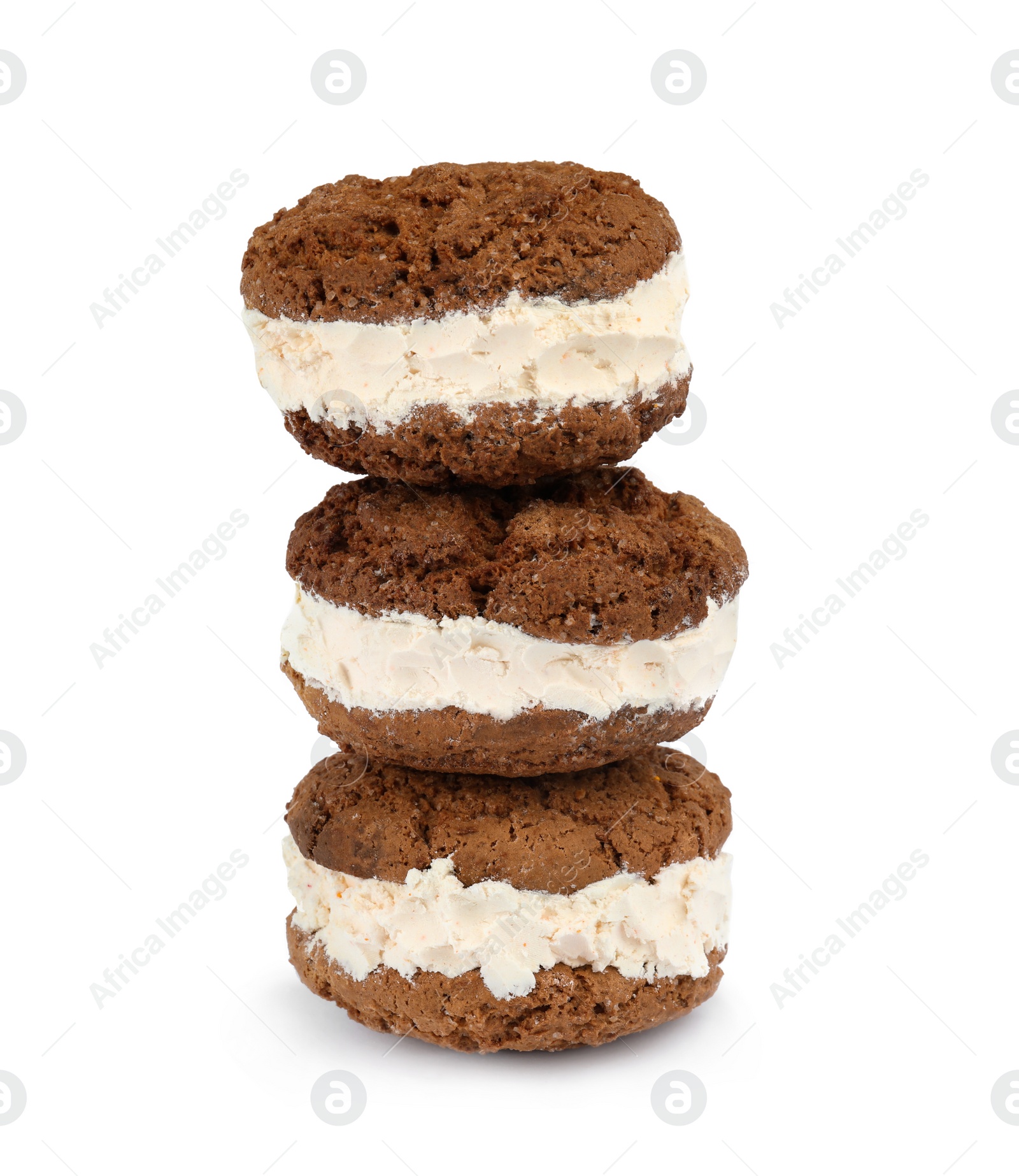 Photo of Sweet delicious ice cream cookie sandwiches on white background