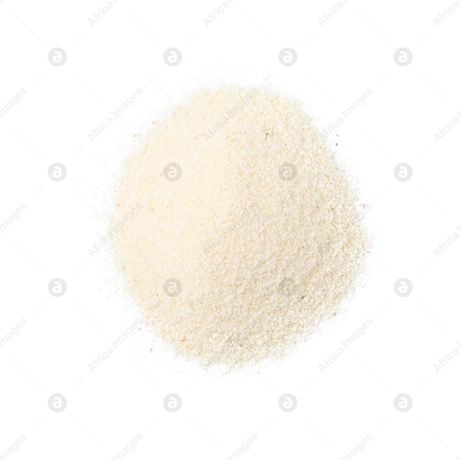 Photo of Pile of uncooked organic semolina isolated on white, top view