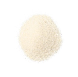 Pile of uncooked organic semolina isolated on white, top view