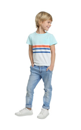Photo of Cute little boy in casual outfit on white background