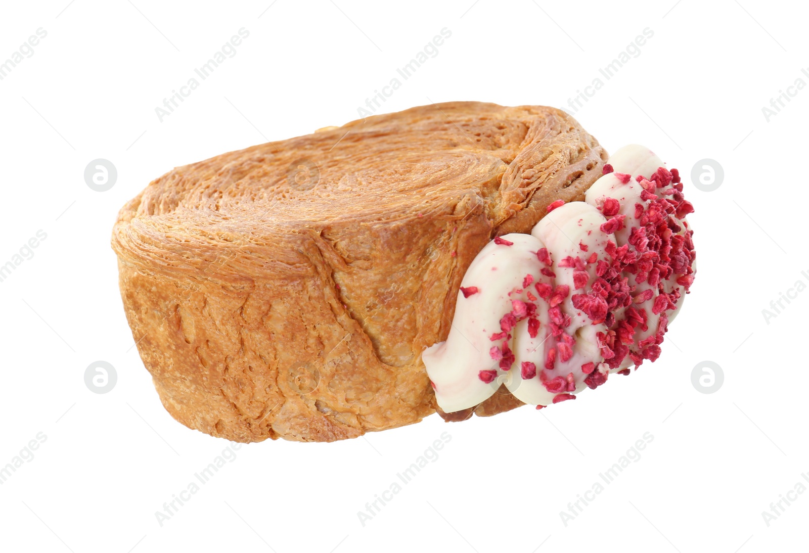 Photo of One supreme croissant with cream on white background. Tasty puff pastry