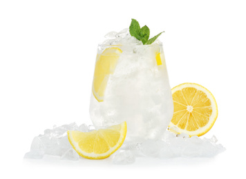 Photo of Water with ice cubes, mint and lemon isolated on white