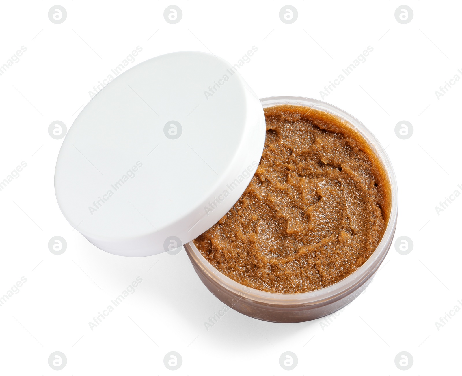 Photo of Container with natural scrub on white background