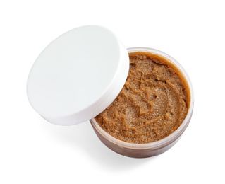 Photo of Container with natural scrub on white background