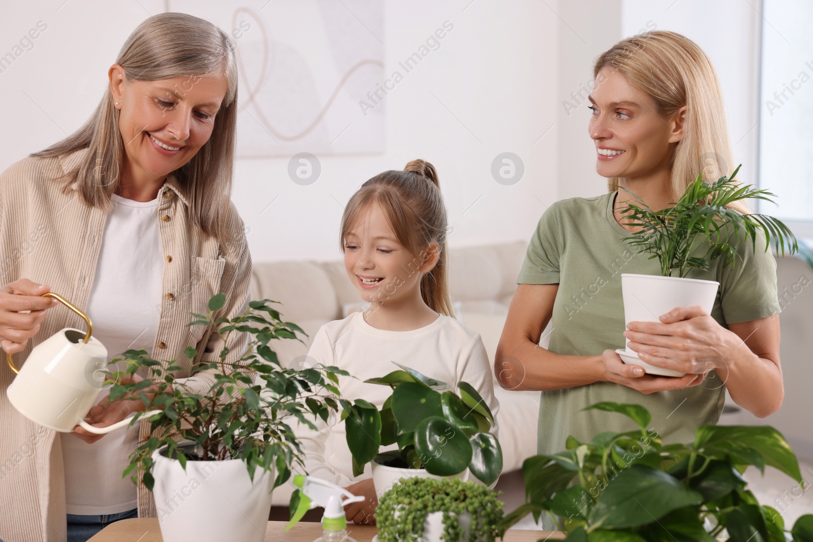 Photo of Three generations. Happy grandmother, her daughter and granddaughter watering houseplants at home