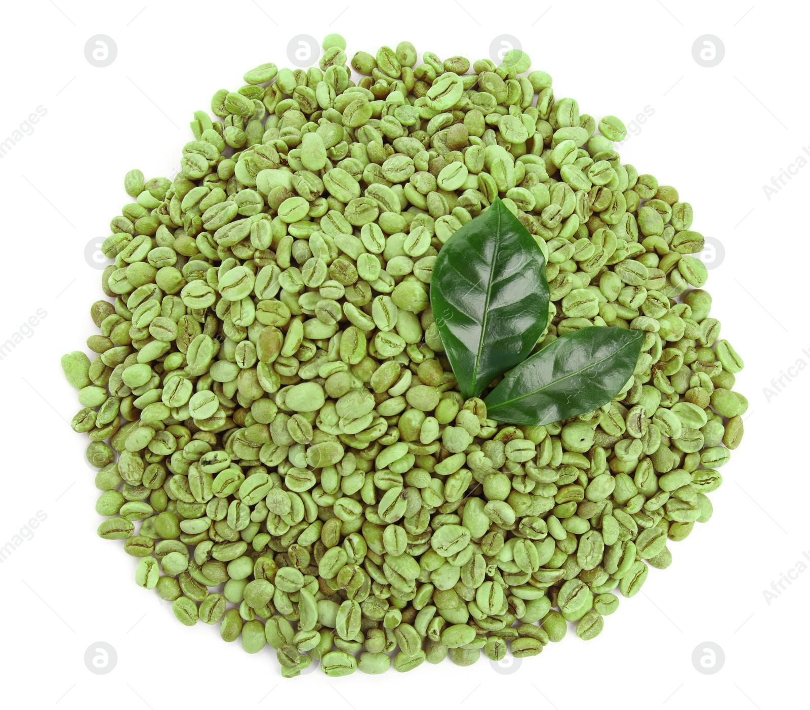 Photo of Green coffee beans and fresh leaves on white background, top view