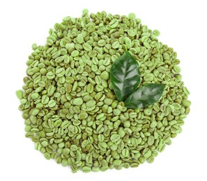 Photo of Green coffee beans and fresh leaves on white background, top view