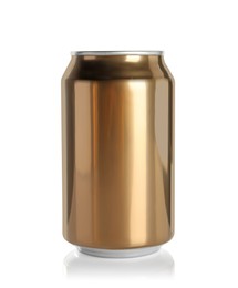 Photo of Golden aluminum can with drink isolated on white