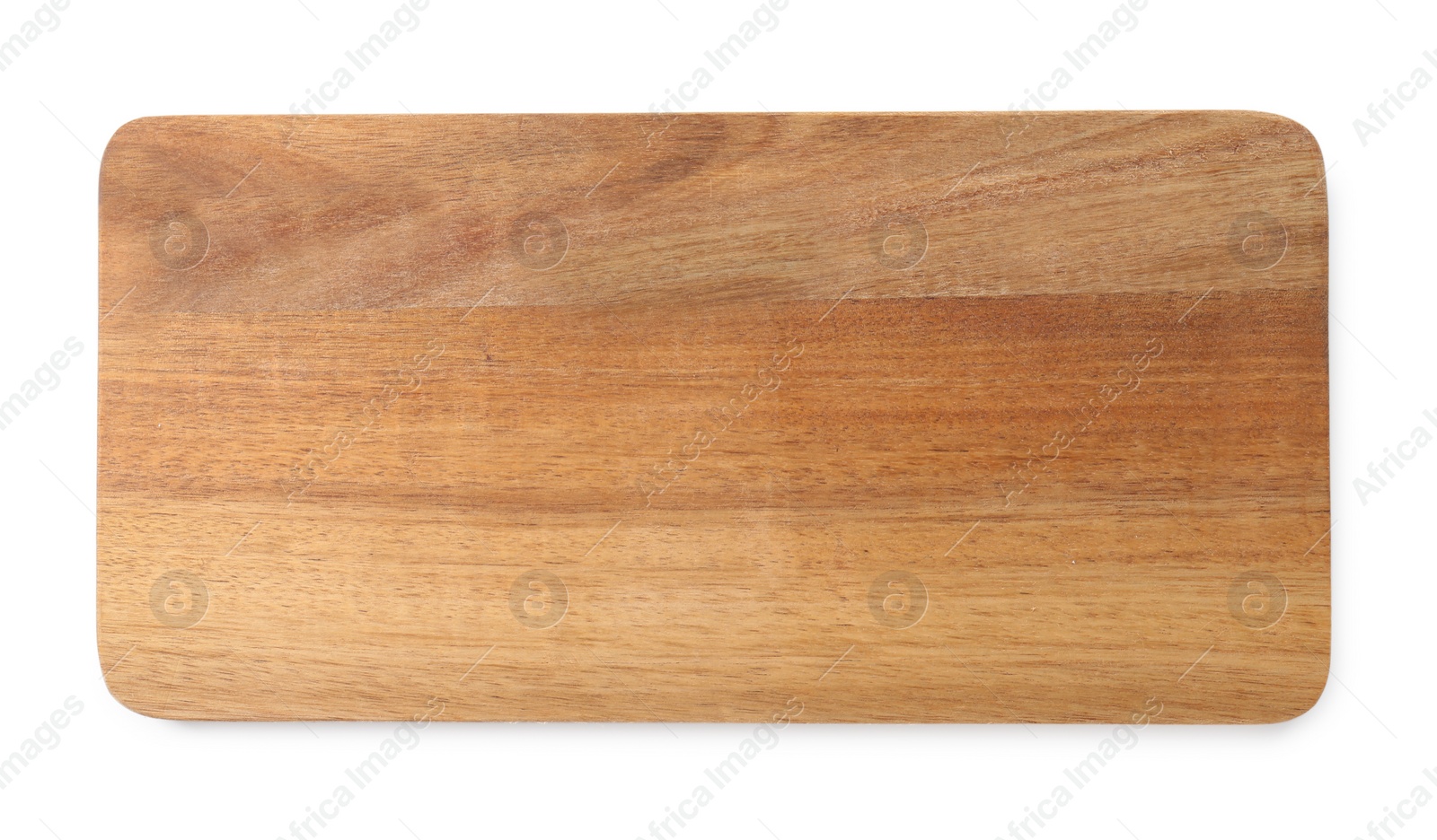 Photo of One wooden cutting board isolated on white, top view